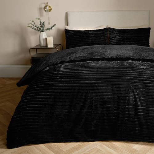 OHS Ribbed Teddy Fleece Duvet Set King Size, Ultra Soft Reverse Faux Fur Duvet King Size with Pillowcases Teddy Fleece Fur Thermal Chunky Ribbed Bedding - Black