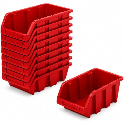 PECZEKO Werkstatt-Stapelkiste, Stapelbox aus PP Kunststoff, Sichtbox Stapelbox, Lagerboxen für Werkzeugswand, Sichtlagerkasten, Sortierbox - Rot 10 Stück, 155x100 mm