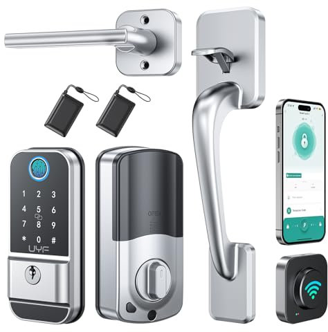 Cerradura inteligente para puerta de entrada sin llave: cerrojo UYF WiFi de huellas dactilares con mango y puerta de enlace, cerraduras de teclado digital biométrico electrónico para puertas