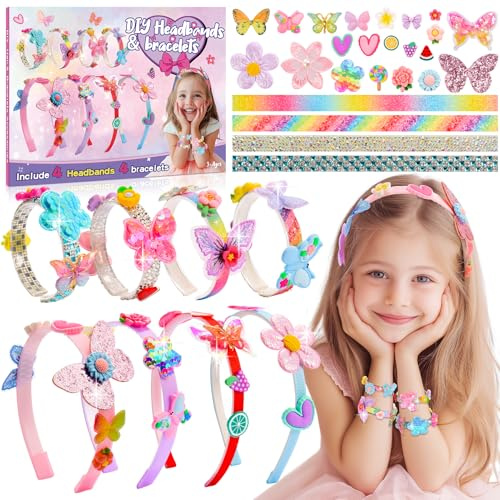 Leksakber Bastelset für Mädchen 3-9 Jahre - Kreatives Schmuck Set mit Armbänder, Haarreifen Selber Machen - Spielzeug Geschenk zum Basteln