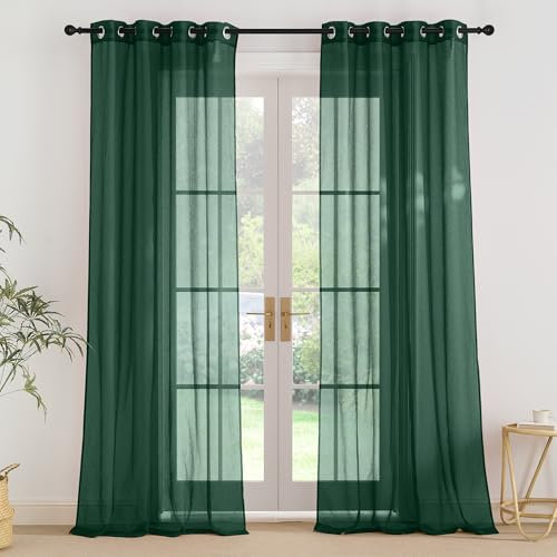 PONY DANCE Extra Lange Vorhänge Dunkelgrün Voile Gardinen mit Ösen Wohnzimmer Vorhang Transparent Ösenschal 2er Set H 260 x B 140 cm Durchsichtige Gardine Leinenoptik Dunkelgrün