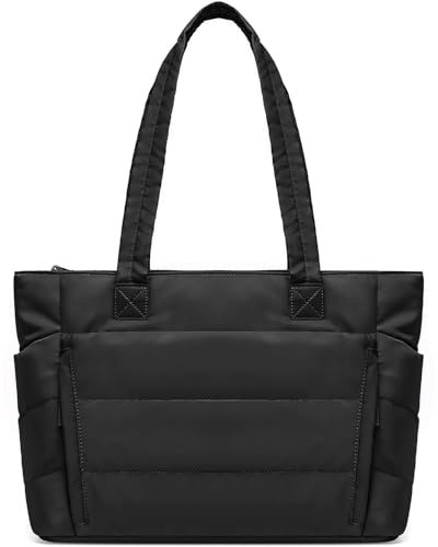 FRETHIND Puffer Tasche Damen Shopper Handtasche mit 15,6 Zoll Laptopfach Tote Bag Daunentasche für Arbeit Reise Shopping Schule (Schwarz)