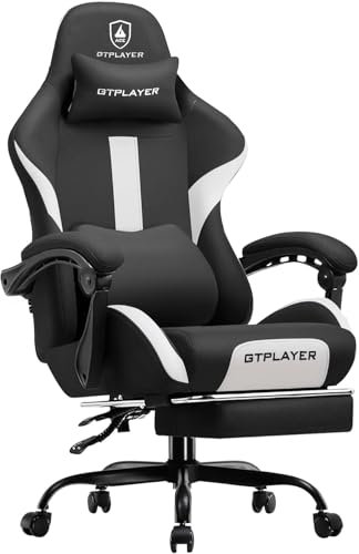 GTPLAYER Silla para Videojuegos, Silla de Oficina Transpirable, de Tela, Silla ergonómica de PC, Silla de Escritorio Ajustable y giratoria con reposapiés, Color Negro