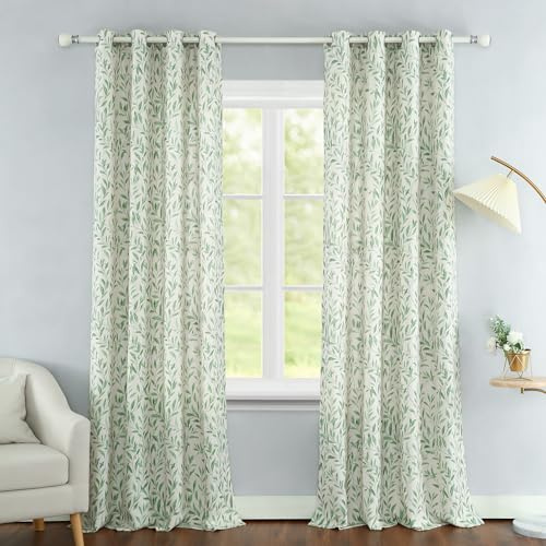 VOGOL Green Leaves 63 Curtains, Eyelet Linen Look Drapes, 52×63, 1 Panel | Linen Textured Durable fabric, Light Filtering Privacy Protection, Farmhouse Rustic Botanical Print, for Living Room Bedroom