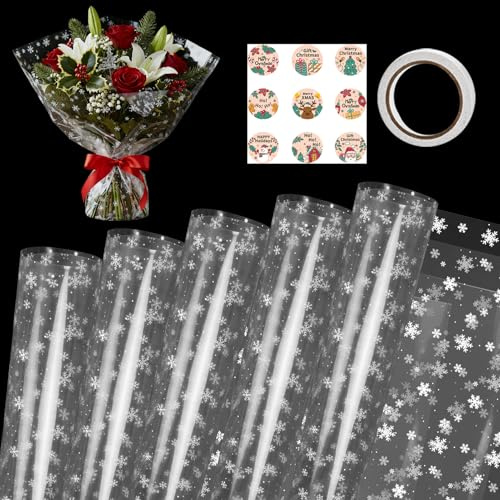 5 Bogen Geschenkpapier Weihnachten Wasserfest Set 58x58cm Geschenkverpackung Transparent mit Schneeflocken für Weihnachtsgeschenke, Geburtstagsgeschenke, Blumen, Früchte, Geschenkkörbe, Bastelbedarf