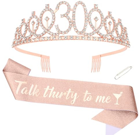Exipsat 30. Geburtstag Krone Schärpe Set, Krone Tiara & Schärpe für 30 Geburtstag Frauen, Geburtstagskrone Party Accessoires Deko Geschenk