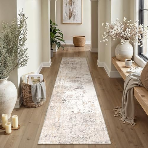 HUGEAR Beige Grau Läufer Flur Teppich 80x400cm Waschbarer | Waschbarer Modern Abstrakter Läufer, Rutschfest, Kurzflorig, Weich, für Flur, Küche, Teppichflur, Schlafzimmer