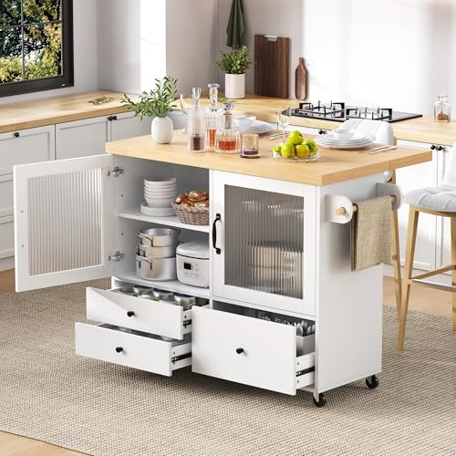 ilot central cuisine avec rangement et plan de travail,Desserte ilôt de Cuisine Multi rangements 3 tiroirs,Range-Bouteille,Meuble de Cuisine avec Plans de Travail Rabattable Desserte Cuisine,Blanc