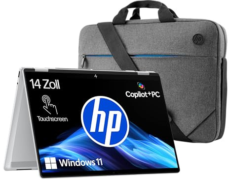 HP OmniBook X Flip 2 in 1 Next Gen AI Laptop, 14 Zoll WUXGA Touchscreen, Intel Core Ultra 5-226V 40 TOPS NPU für KI, Copilot+ PC, 16 GB RAM, 512 GB SSD, Win11, QWERTZ, Silber + HP Laptop-Tasche