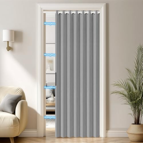 RINHARTEX Blackout Folding Door Curtain With Rod, Magnetic Accordion Door Interior, Sliding Door for Closet Pleated Concertina Doorway Curtain Room Divider Bedroom Living Room(46x79, Grey)