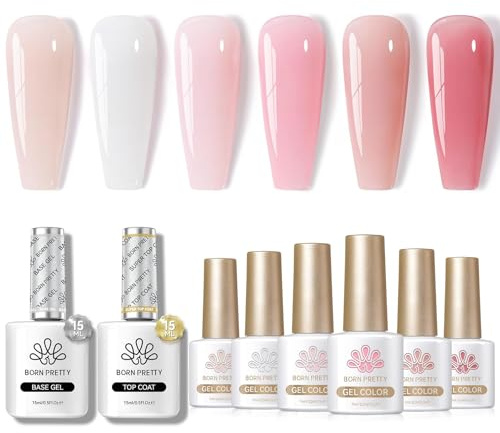BORN PRETTY Gel Base and Top Coat Set + 6 Colours Jelly Gel Polish