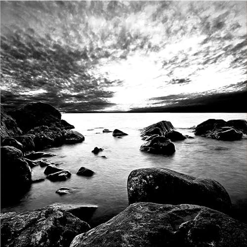 artissimo Glasbild 30x30 cm Strand und Meer felsiger Strand Schwarz-Weiß AG2047A – Bild aus Glas, modernes Strandbild & Wanddeko quadratisch
