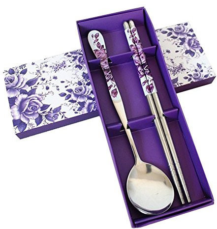 HugeStore Chinese Purple Rose Stainless Steel Chopsticks and Spoon Set