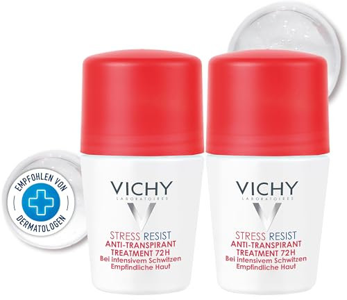 VICHY Anti-Transpirant Roll-On, Bei übermäßiger Schweißbildung, 72 Stunden Wirkung, Für leicht reizbare Haut, Mit Essigrosenblüten-Extrakt und Thermalwasser, Dermo Tolerance, 2 x 50 ml