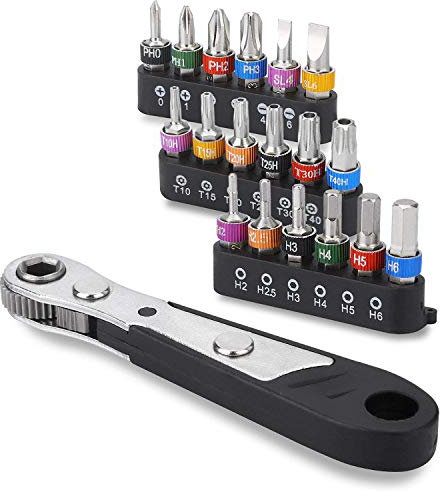 DerBlue 19pcs S2 Micro Ratchet Wrench Screwdriver Bit Set with Phillips,Slotted,Hexagon and Torx 1/4 Drive Size,Reversible Drive Handle and Multi Bits Set