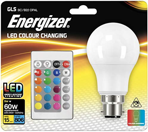 ENERGIZER Colour Changing B22 GLS LED RGB+W, with Remote Control, 9W