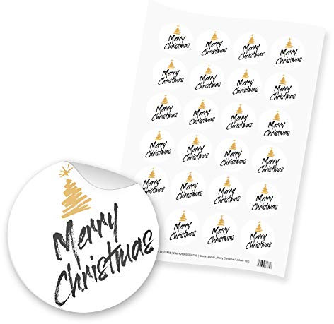 itenga 24x Sticker Aufkleber Motiv Merry Christmas Schrift Tannenbaum Adventskalender Geschenke Dekoration Schwarz Weiß Gold