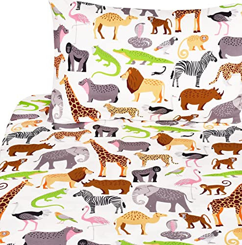 J pinno Bettwäsche-Set für Doppelbett, Dschungeltiere, Leopardenmuster, Strauß, Krokodilschlange, für Kinderzimmer, Jungen, Dekoration, Geschenk, 100% Baumwolle, Bettlaken + Spannbetttuch +
