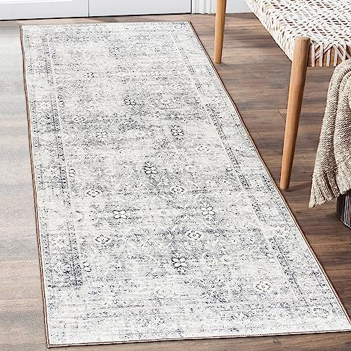 ReaLife Waschmaschine Teppich Läufer - Wohnzimmer Schlafzimmer Badezimmer Küche Flur Büro - rutschfest Kurzflor Premium-Fleckenbeständig - Boho Landhaus Vintage - Noor - Silber Elfenbein - 75 x 180
