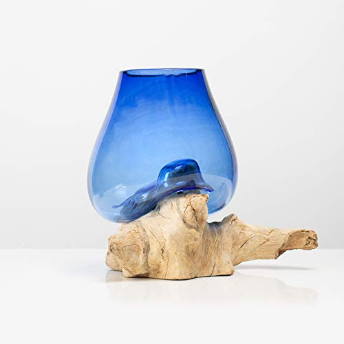 Rikmani - Deko Glasschale auf Holzpodest Schmelzschale (Blau) - Designer Vase aus Glas mundgeblasen auf Holzwurzel Blumenvase Wasserkaraffe Schmelzvase