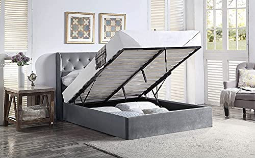 Home Treats Grey Velvet Material Ottoman Bed Frame | Tall Winged Headboard Gas Lifting Under Bed Storage Compartment | Easy to Assemble | Double Ottoman Bed Size— (Double)