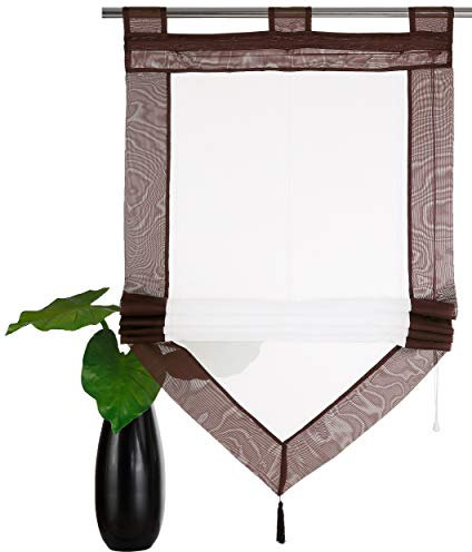 Devola Voile transparent Scheibengardinen mit zweifarbigen Design mit Quaste Fenster Gardinen Panneaux mit Tunnelzug Gardine HxB 140x80cm Kaffee 1er Pack