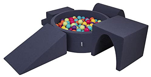 KiddyMoon Spielplatz Aus Schaumstoff Mit Rund Bällebad (200 Bälle) Ballgruben Für Babys Spielbad Hindernisläufen, Hergestellt In Der EU, Dunkelblau:Hellgrün/Gelb/Türkis/Orange/Dpink/Violett