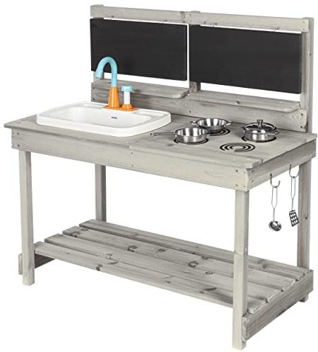 ONVAYA® Matschküche aus Holz | Grau | Outdoor Spielküche mit Waschbecken und schwarzer Tafel | Inklusive Stauraum in der Kinderküche für Draußen