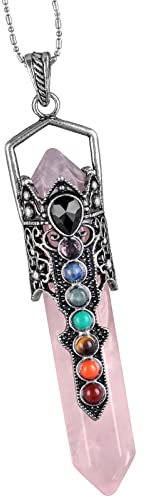 Nupuyai Vintage 7 Chakra Rose Quartz Crystal Point Pendant Necklace for Men Women, Hexagonal Pendulum Reiki Healing Stone Pendant with Chain