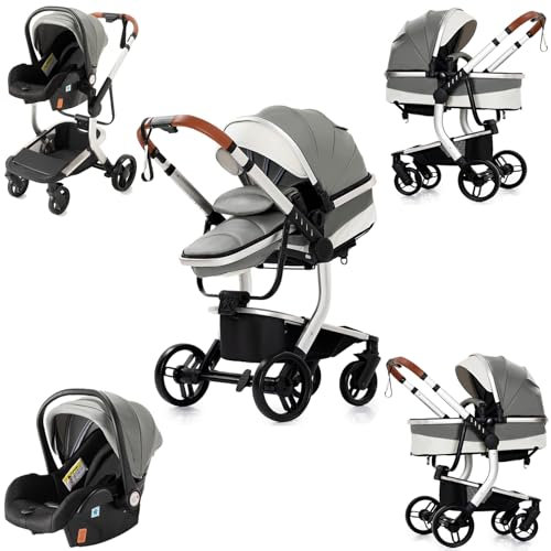 Prokoke Kinderwagen 3 in 1, Buggy aus Leder mit Umkehrbarem Zwei-Wege-Schub, Kinderwagen mit Rahmen Aluminiumlegierung, Kombikinderwagen 3 in 1 mit Einem Klick Faltbar Baby Neugeborene (518 Grey)