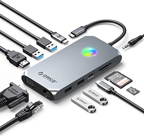 Docking Station USB C to HDMI Adapter, ORICO 12 in 1 RGB USB C Hub with 4K HDMI 1.4, VGA, 100W PD, Ethernet, 5 USB Data Ports, SD/TF, Audio, 14 RGB Lighting Modes, Compatible for Windows/Mac OS(Grey)