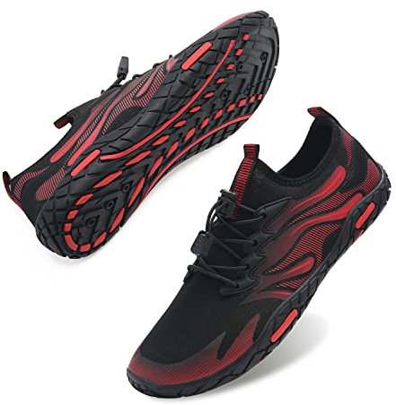 Strandschuhe Damen Herren Wasserschuhe Badeschuhe Unisex Atmungsaktiv Leicht Barfußschuhe rutschfeste für Schwimmen Tauchen (Flamme schwarz rot, 45EU)