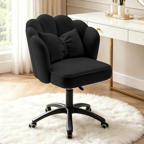 HDHNBA Vanity Chair Velvet Petal Desk Chair Upholstered Modern Tufted Home Office Chair with Back,Height Adjustable Computer Task Chair for Bedroom Living Room(Black)