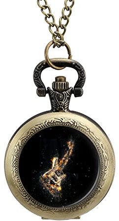 Rock Heavy Metal E-Gitarre auf Feuerlegierung Uhr Vintage Taschenuhr Niedliche Hängen Uhren Anhänger Halskette