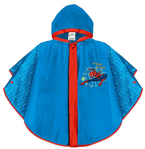 PERLETTI Mantellina Pioggia Marvel Spider Man - Giacca Antipioggia Impermeabile con Cappuccio e Bottoni Blu e Rosso - Poncho per Bambini (3-6 anni, Azzurro)