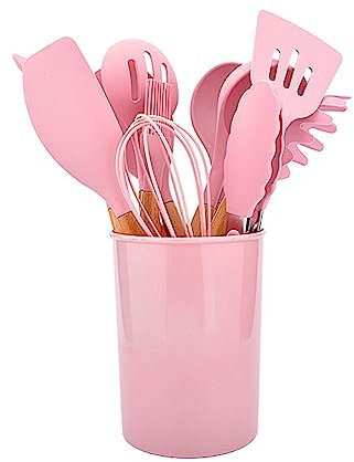 Wooden Handle Silicone Kitchen Utensils Set 12PCS Baking Tools Non-Stick Pan with Storage Bin Kitchen Utensils Set Pink