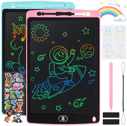 Damcyer 2 Pack Tablette D'écriture LCD 10 Pouces,LCD Tablette Dessin avec Ecran Coloré,Bloc D'écriture Effaçable avec des Autocollants D'animaux,pour Garçons et Filles de 3 4 5 6,Bleu + Rose