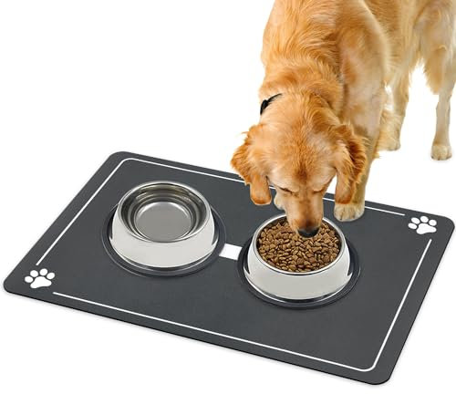 Avvrel Tapis Gamelle Chat et Chien, 60x40cm Tapis d'alimentation Antidérapant pour Animaux, Imperméable et Alimentaire Paw Pattern étanche Mat Chien Bol Placemat (Gris Foncé 2)