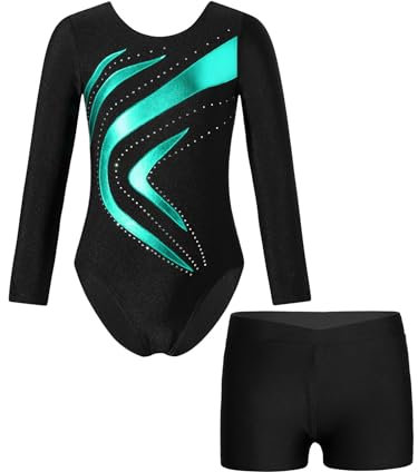 Freebily Kinder Mädchen Turnanzug Langarm Gymnastik Trikot Gymnastik Shorts Set Ballett Body Turnshorts Set Wettkampf Tanzoutfit Trainingsanzug Blaugrün_B 146-152