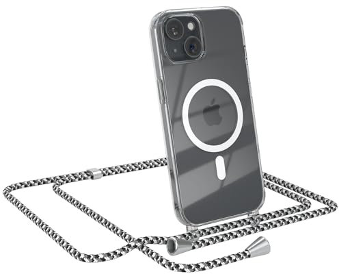 EAZY CASE - Handykette kompatibel mit iPhone 15 Kette zum Umhängen Stoßfest Handyhülle für iPhone 15 Silikon Hülle mit Band Handytasche Transparent als Fallschutz in Schwarz Camouflage