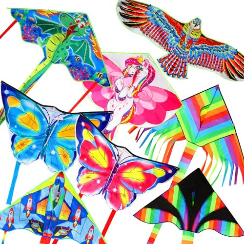 Arrowbash 8 Pack Kites for Kids Large Butterfly Dragon Eagle Unicorn Rocket Delta Flying Long Kite with 8 Pcs 328 ft Strings for Outdoor Game