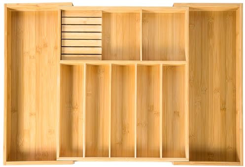 VaeFae Bamboo Extra Large Cutlery Drawer Organiser, Expandable Cutlery Tray with Divider for Kitchen, Adjustable Utensil Holder and Flatware Storage,(45.5-79 x 43 x 6.3cm