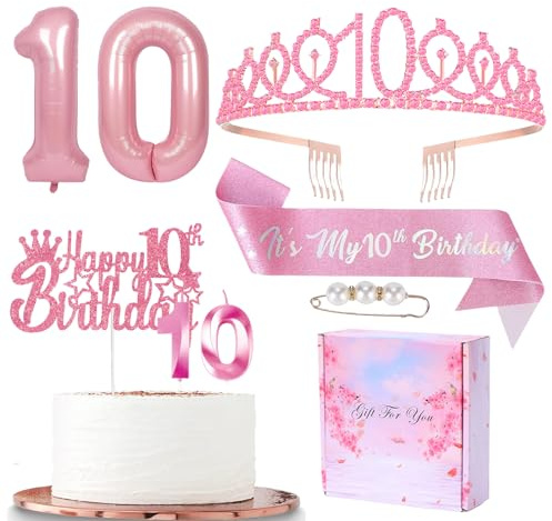 Rosa Dekoration zum 10. Geburtstag, Schärpe und Tiara-Set für Mädchen, Geburtstagsdekoration, 10. Krone, 10 Kerzen, Kuchendekoration, Folienballon-Schärpe und Diadem zum 10. Geburtstag