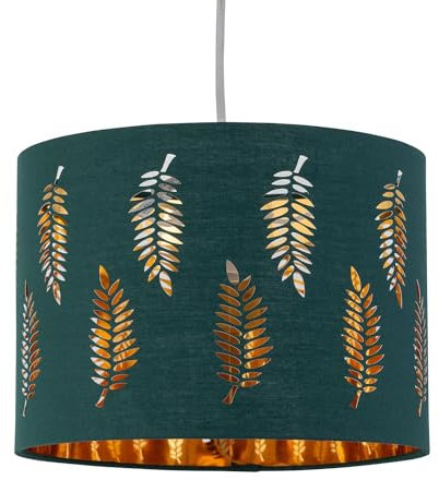 Dark Green Pendant Shade, Easy Fit Ceiling Lightshade, Fern Leaf Cut Out Design, Diameter 25cm