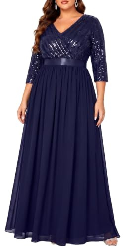 Talisea Damenkleid, Übergröße, V-Ausschnitt, 3/4-Ärmel, Pailletten, Abschlussball, Abendkleid, langes Maxikleid
