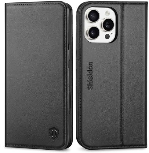SHIELDON Hülle für iPhone 16 Pro Max, Handyhülle [Echtleder] [Kartenfach] [Stand] [RFID Blocker] Stoßfest Magnet Schutzhülle TPU Lederhülle Kompatibel mit iPhone 16 Pro Max 6,9 - Schwarz