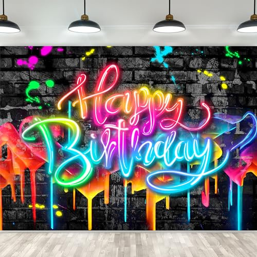 Imirell Toile de fond néon « Happy Birthday » - 20,3 x 1,8 m - Brille dans le noir - Graffiti - Peinture colorée - Tissu polyester cool - Pour séance photo - Accessoires de décoration