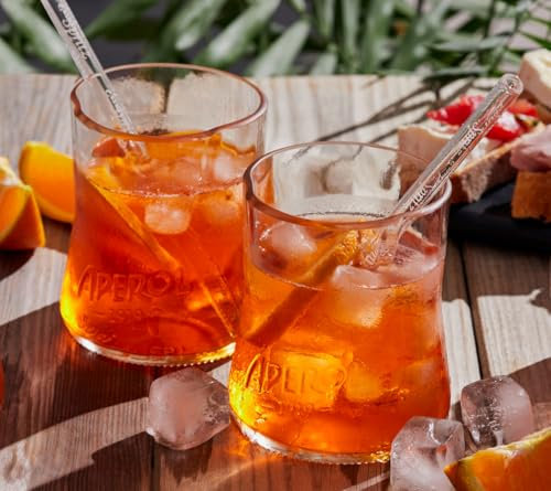 COMBO SPRITZ: ein Paar 100% ökologische Gläser, ideal für Cocktails und hergestellt aus recycelten Aperol-Flaschen + zwei umweltfreundliche Glasstrohhalme mit Spritz-Logo