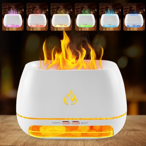 2-in-1 Flammen Aroma Diffuser & Salt Range, 7-Farben-Licht Diffuser Ätherische Öle, Luftbefeuchter Diffuser mit Automatischem Farbwechsel & Timing, Vulkan Diffuser für Raum Büro Yoga Spa (Weiß)
