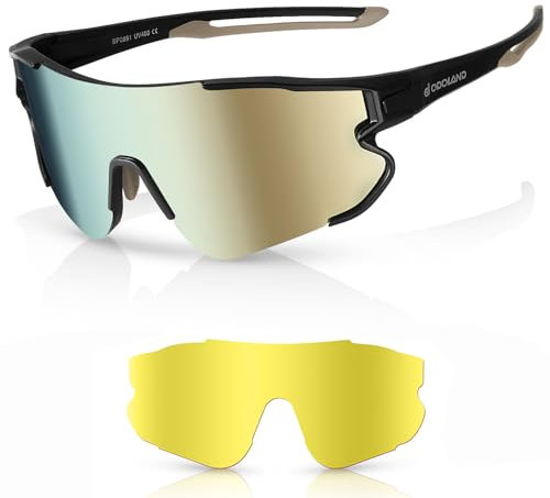 Odoland Polarized Sports Sunglasses - Interchangeable Lenses for Cycling, Running, Hiking, Fishing & Driving UV400 Protection, Lightweight Frame, Unisex Design (Gold)